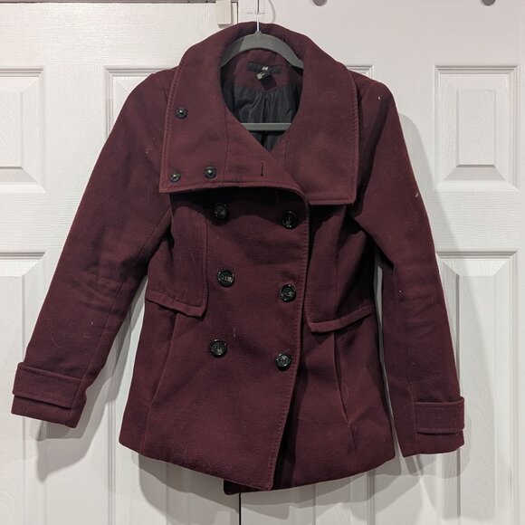 H&M Double breasted boutons Pea coat in burgungy, size 6 - Picture 1 of 3
